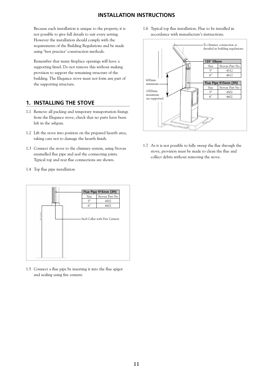 Installation instructions 11, Installing the stove | Yeoman 200 User Manual | Page 11 / 24