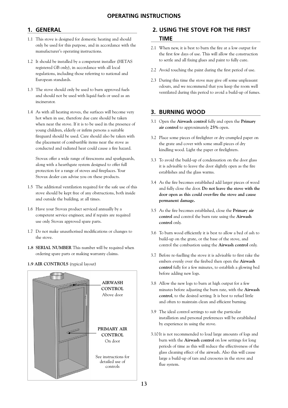 Operating instructions 1. general, Using the stove for the first time, Burning wood | Yeoman 200 User Manual | Page 13 / 24