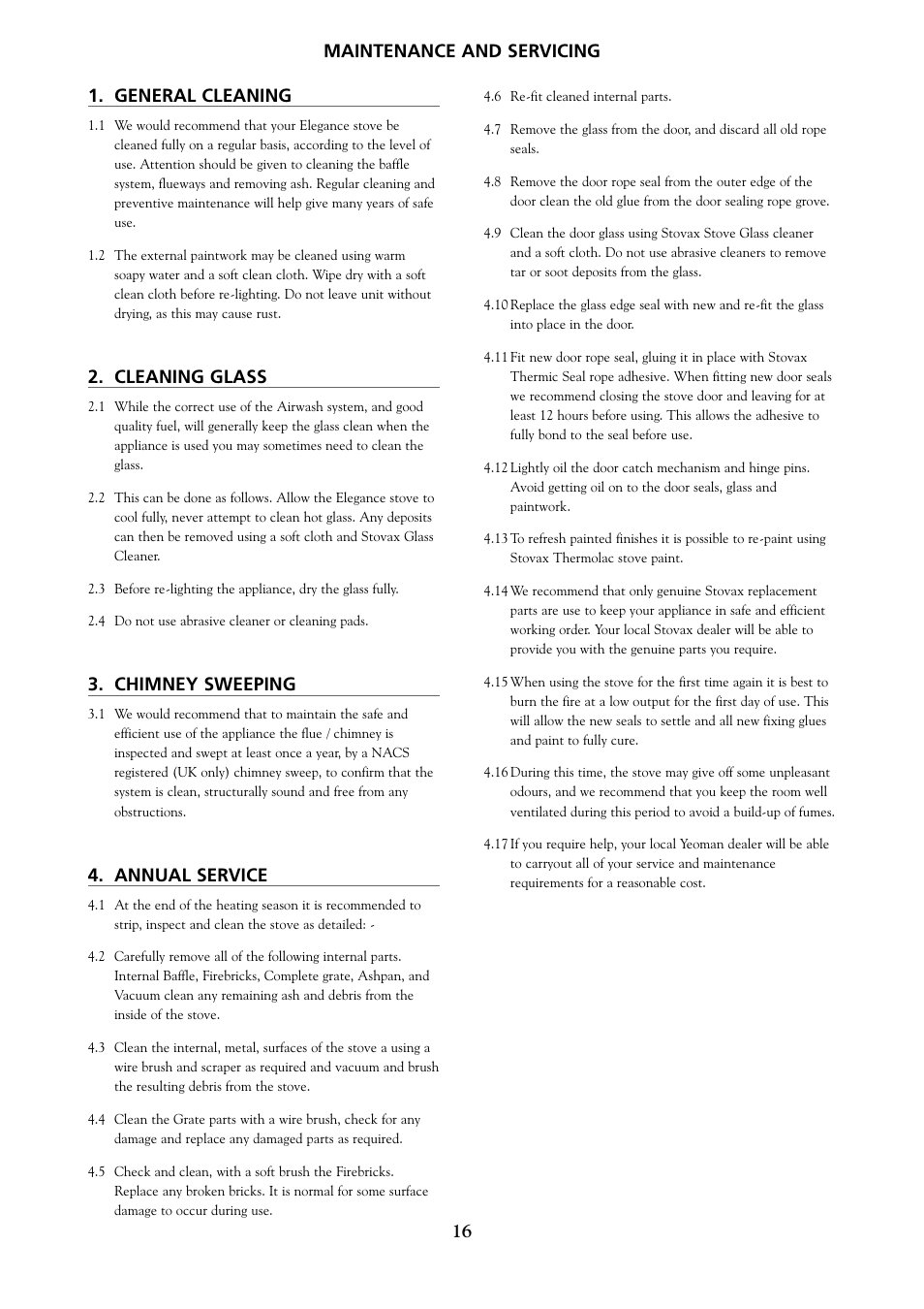 Maintenance and servicing 16 1. general cleaning, Cleaning glass, Chimney sweeping | Annual service | Yeoman 200 User Manual | Page 16 / 24