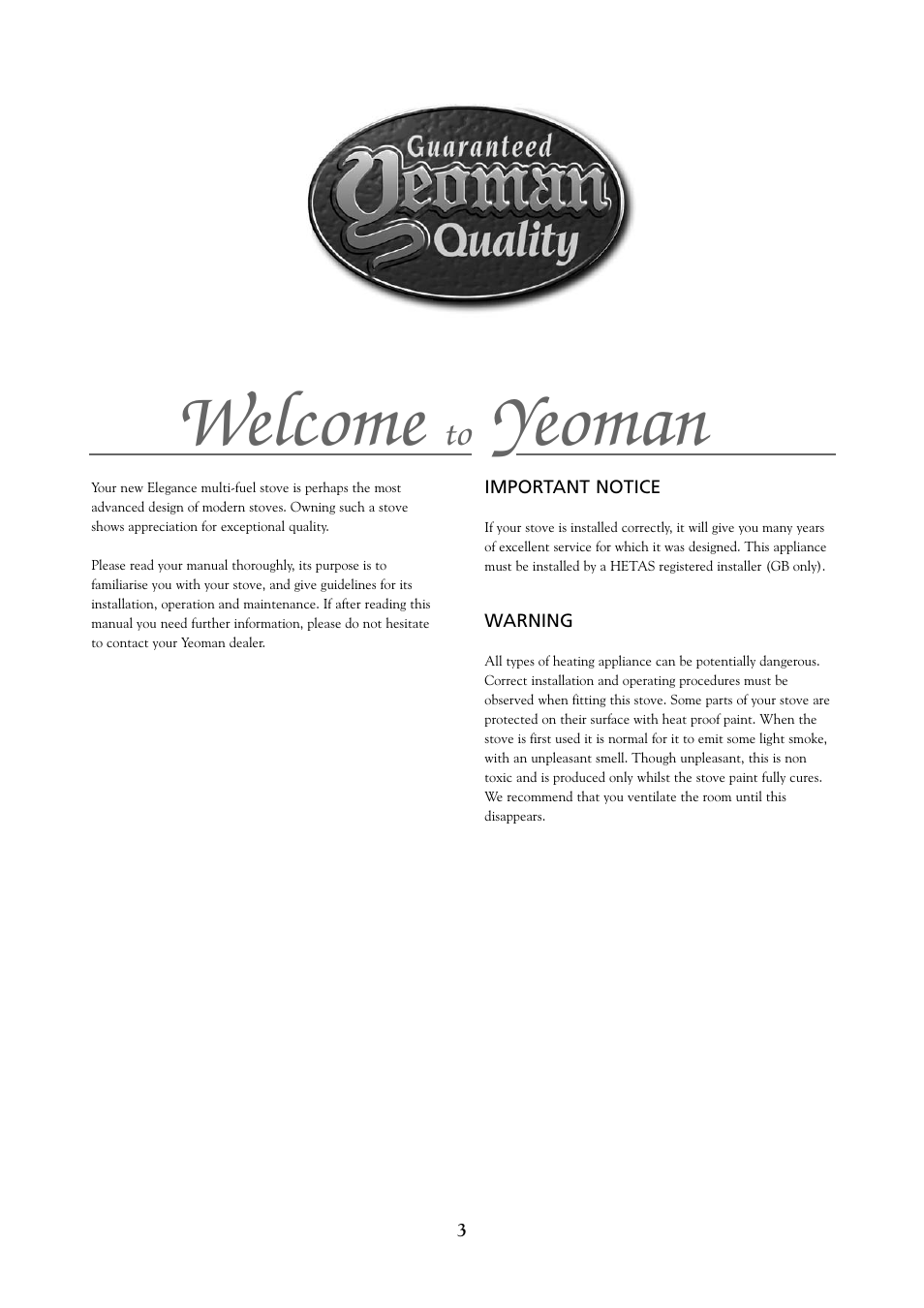 Welcome, Yeoman | Yeoman 200 User Manual | Page 3 / 24