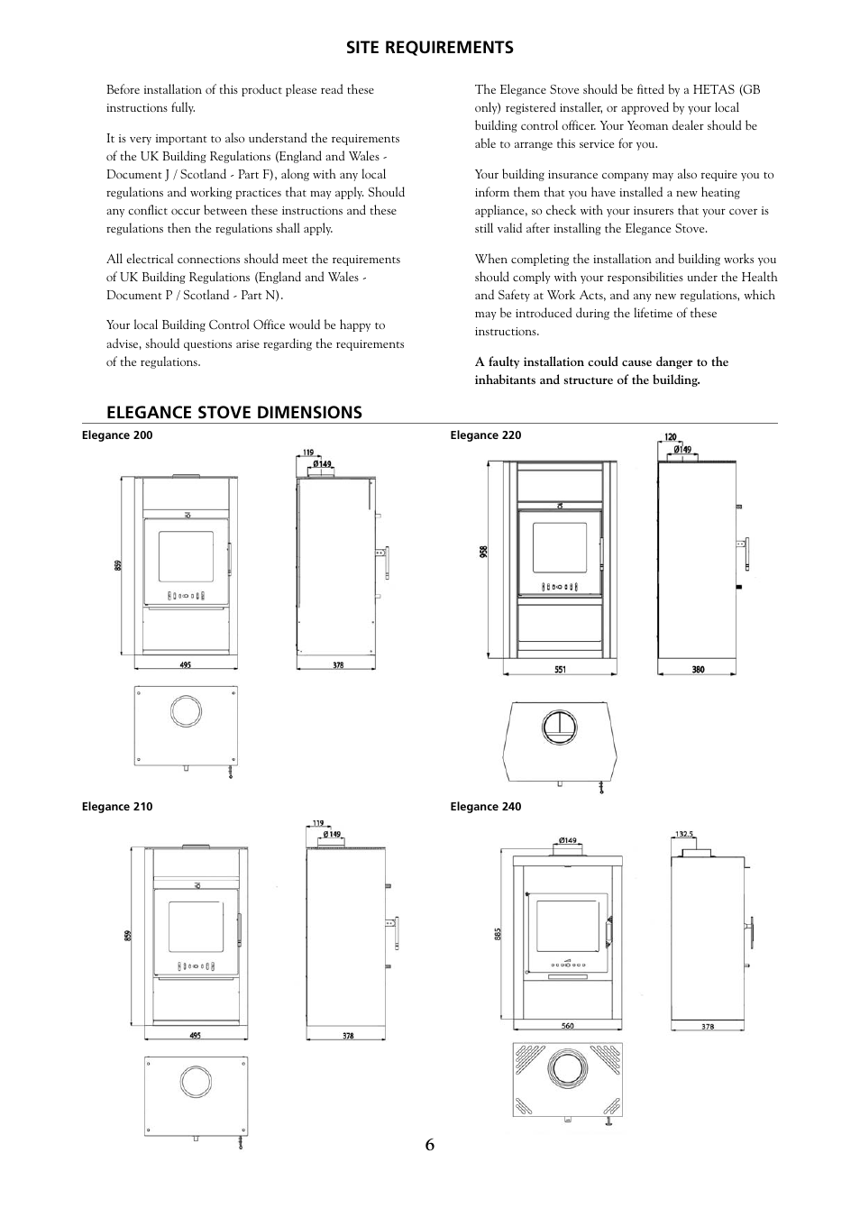 Site requirements, 6elegance stove dimensions | Yeoman 200 User Manual | Page 6 / 24