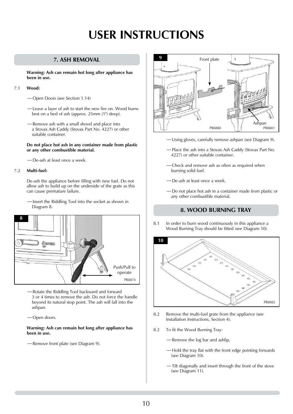 User instructions, Wood burning tray, Ash removal | Yeoman DEVON 50 User Manual | Page 10 / 39