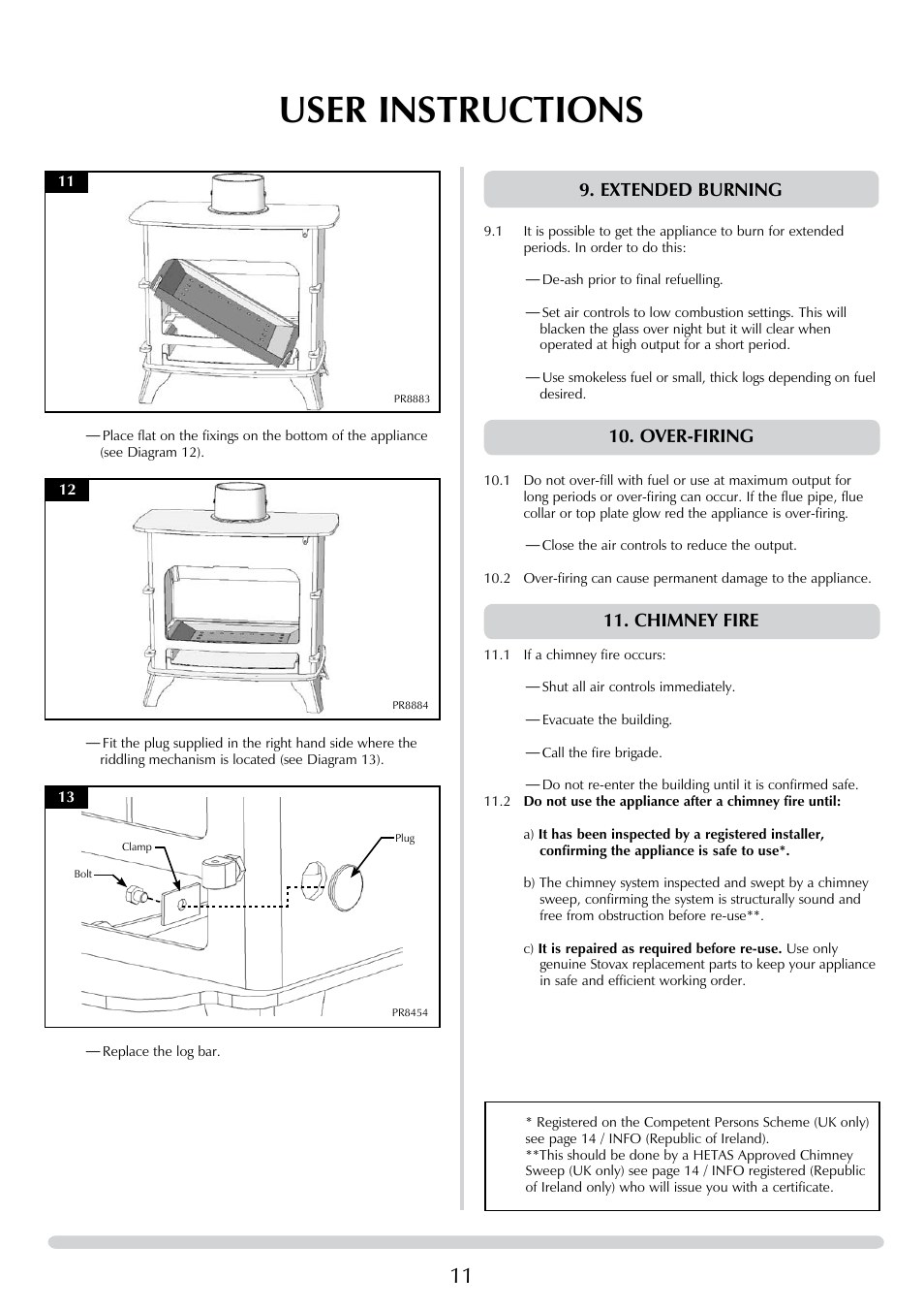 User instructions, Extended burning, Over-firing | Chimney fire | Yeoman DEVON 50 User Manual | Page 11 / 39