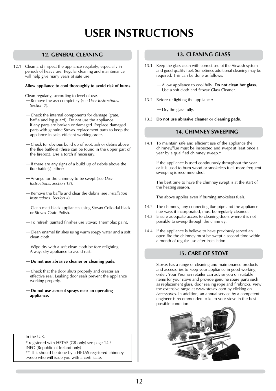 User instructions, Cleaning glass, Chimney sweeping | Care of stove, General cleaning | Yeoman DEVON 50 User Manual | Page 12 / 39