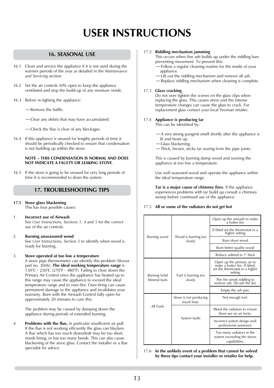 User instructions, Seasonal use, Troubleshooting tips | Yeoman DEVON 50 User Manual | Page 13 / 39