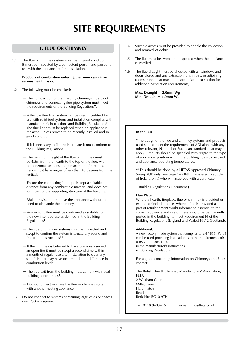 Site requirements, Flue or chimney | Yeoman DEVON 50 User Manual | Page 17 / 39