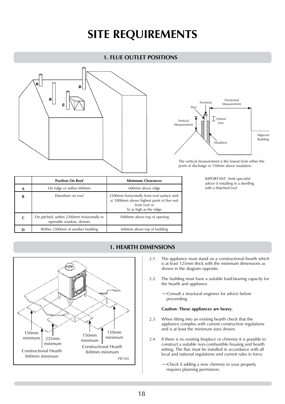 Site requirements, Hearth dimensions, Flue outlet positions | Yeoman DEVON 50 User Manual | Page 18 / 39