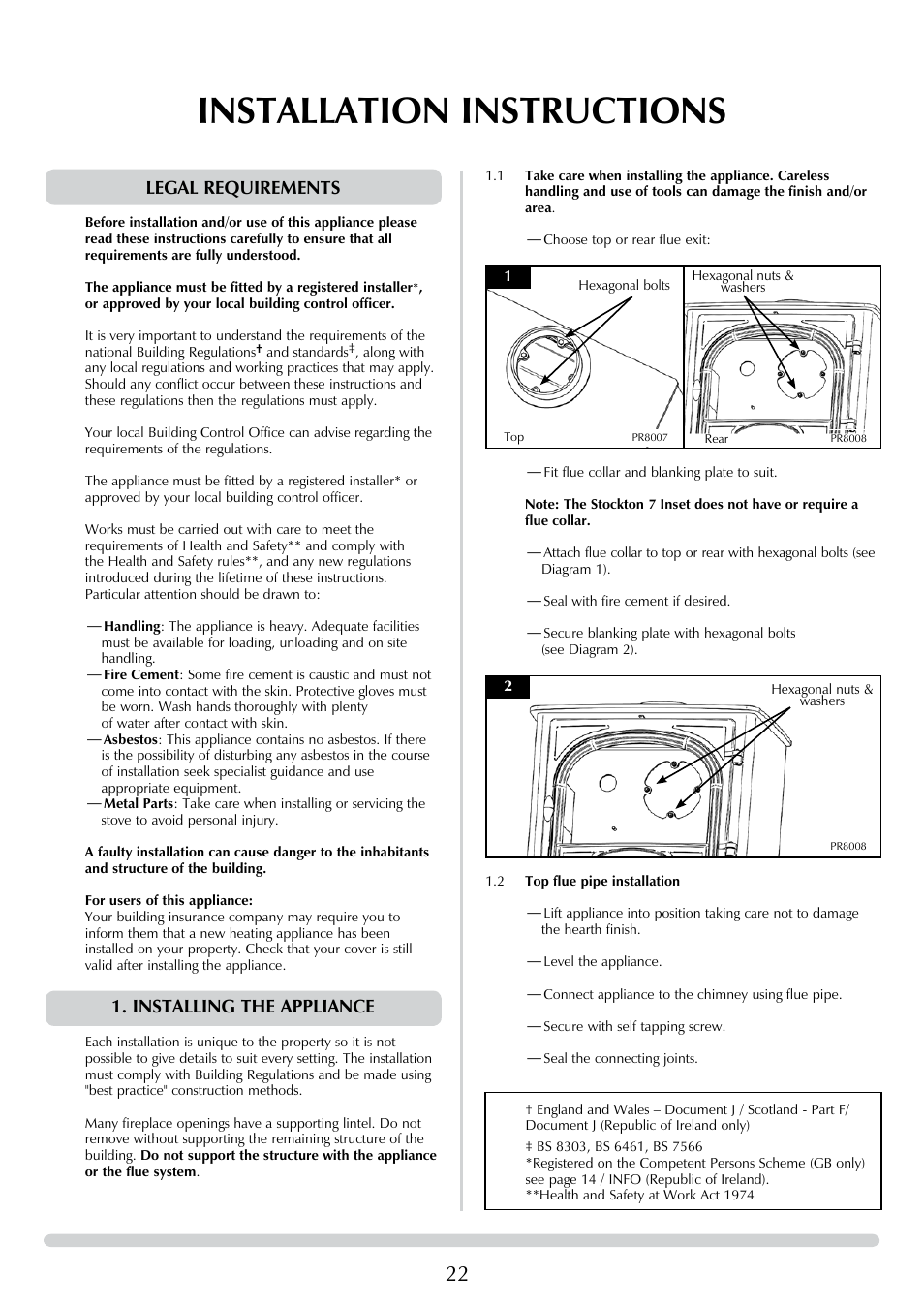 Installation instructions, Legal requirements, Installing the appliance | Yeoman DEVON 50 User Manual | Page 22 / 39
