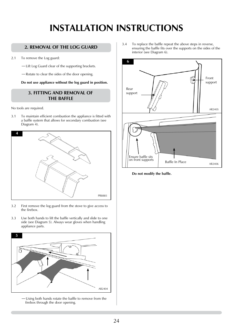 Installation instructions, Removal of the log guard, Fitting and removal of the baffle | Yeoman DEVON 50 User Manual | Page 24 / 39