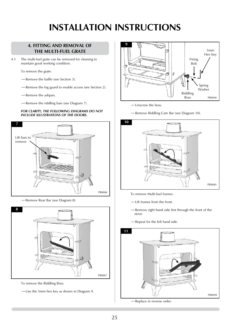 Installation instructions, Fitting and removal of the multi-fuel grate | Yeoman DEVON 50 User Manual | Page 25 / 39