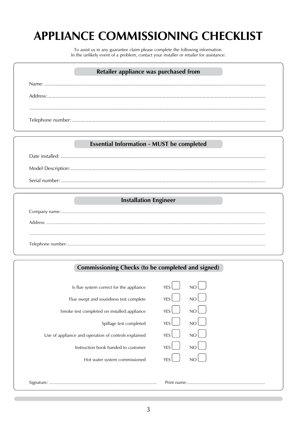 Appliance commissioning checklist, Retailer appliance was purchased from, Essential information - must be completed | Installation engineer, Commissioning checks (to be completed and signed) | Yeoman DEVON 50 User Manual | Page 3 / 39