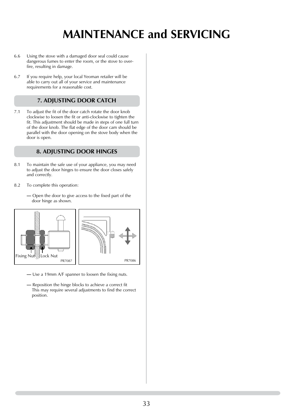 Maintenance and servicing, Adjusting door catch, Adjusting door hinges | Yeoman DEVON 50 User Manual | Page 33 / 39