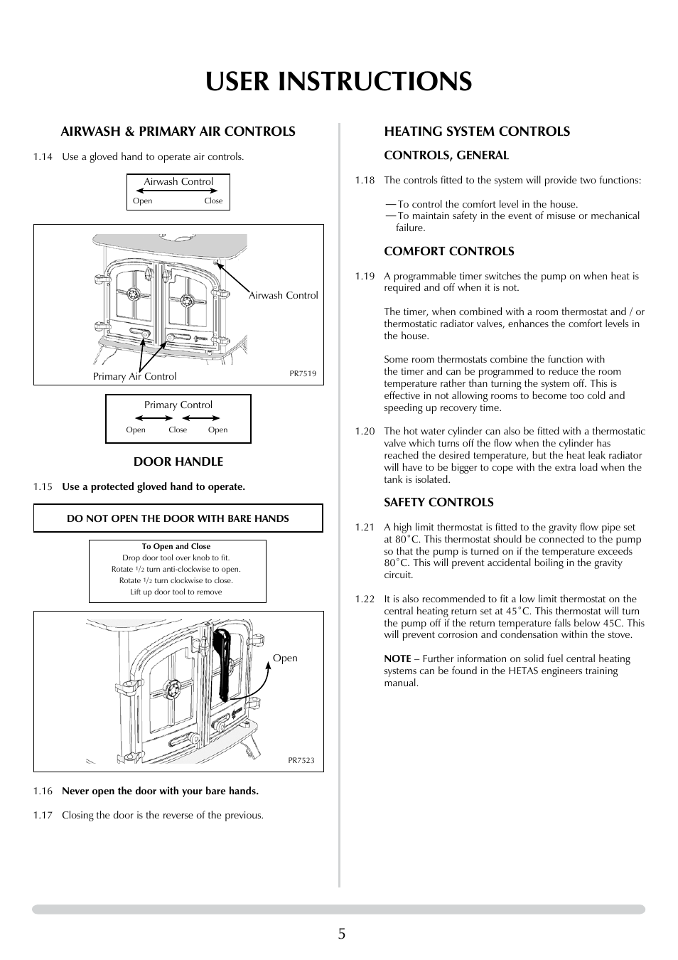 User instructions, Airwash & primary air controls, Heating system controls | Yeoman DEVON 50 User Manual | Page 5 / 39