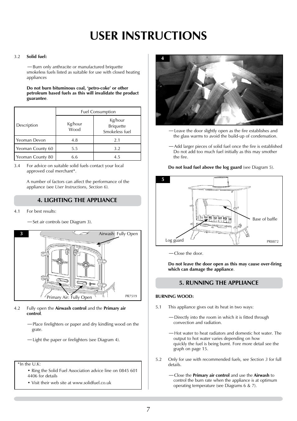 User instructions, Running the appliance, Lighting the appliance | Yeoman DEVON 50 User Manual | Page 7 / 39