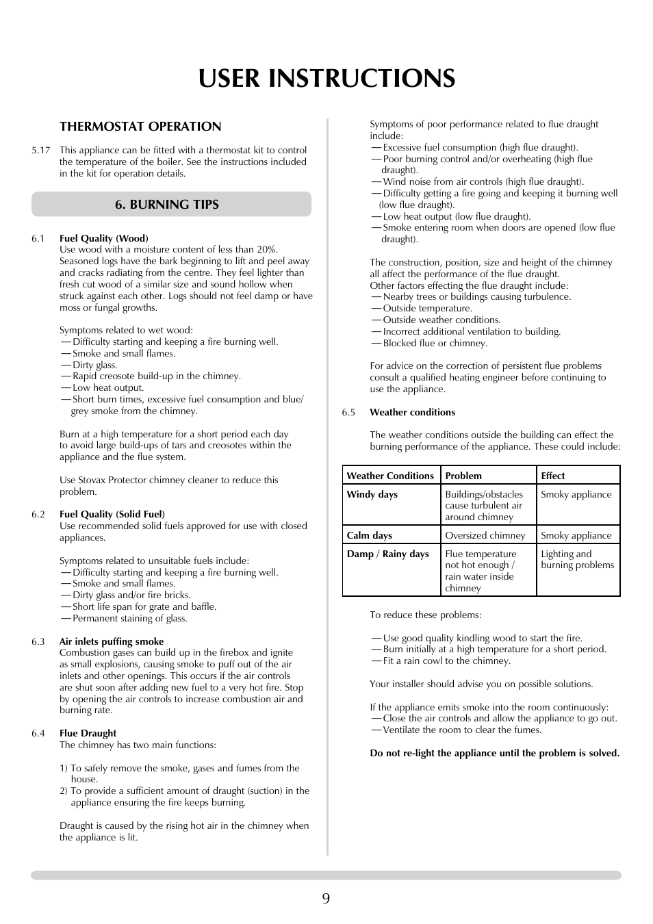User instructions, Thermostat operation, Burning tips | Yeoman DEVON 50 User Manual | Page 9 / 39
