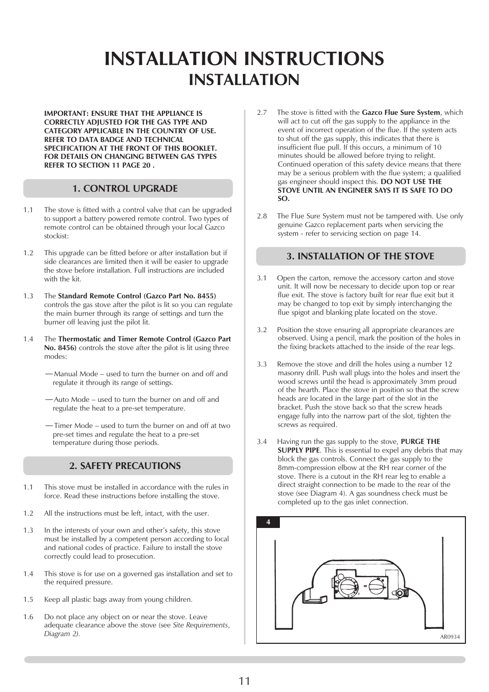 Installation instructions, Installation, Installation of the stove | Control upgrade, Safety precautions | Yeoman EXE MIDI PR1145 User Manual | Page 11 / 23