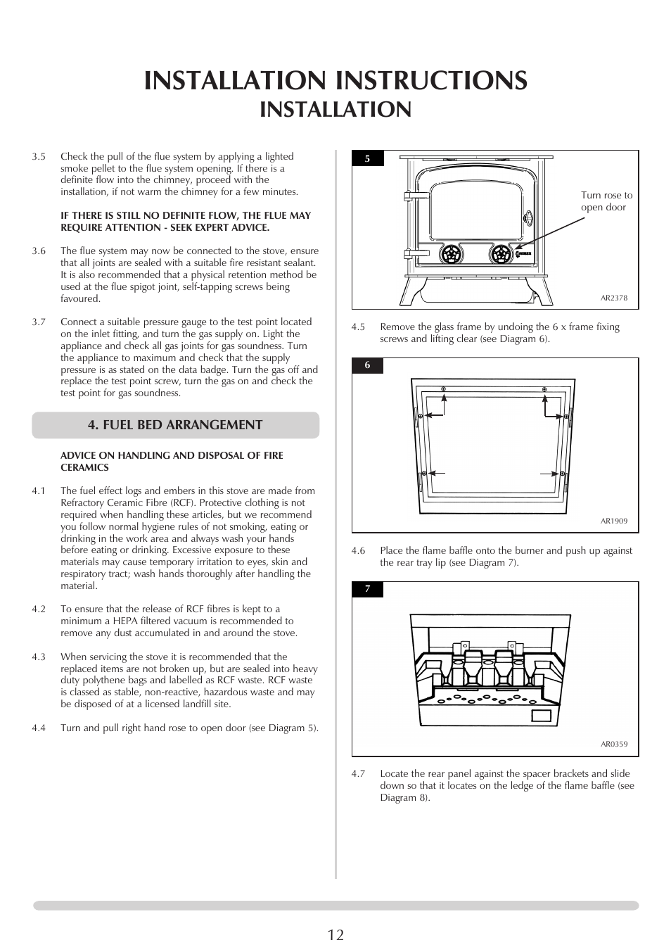 Installation instructions, Installation, Fuel bed arrangement | Yeoman EXE MIDI PR1145 User Manual | Page 12 / 23