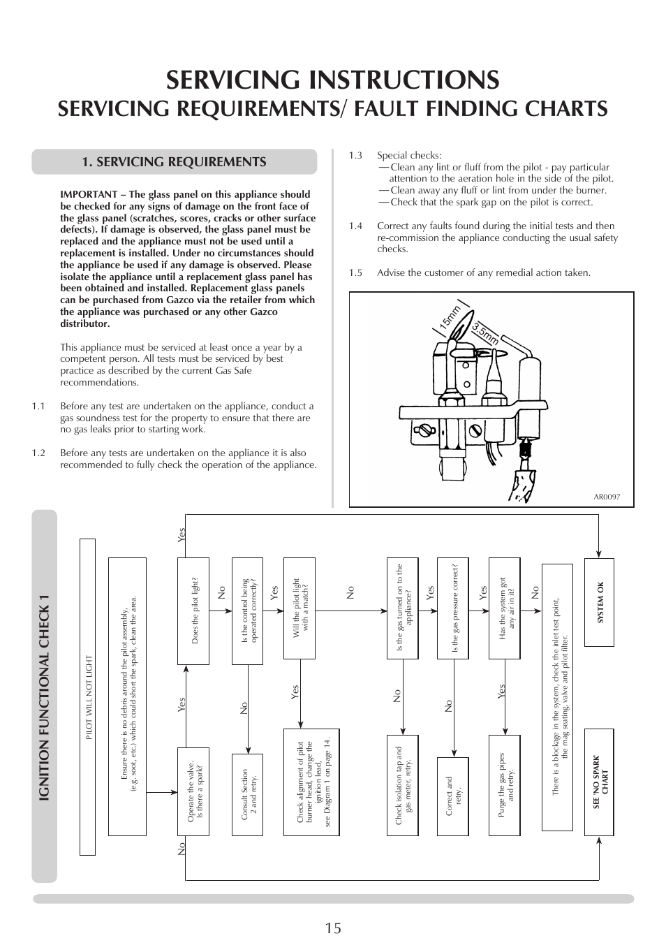 Servicing instructions, Servicing requirements/ fault finding charts, Ignition functional chec k 1 | Servicing requirements | Yeoman EXE MIDI PR1145 User Manual | Page 15 / 23