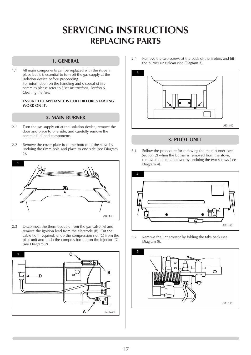 Servicing instructions, Replacing parts, Pilot unit | General, Main burner | Yeoman EXE MIDI PR1145 User Manual | Page 17 / 23