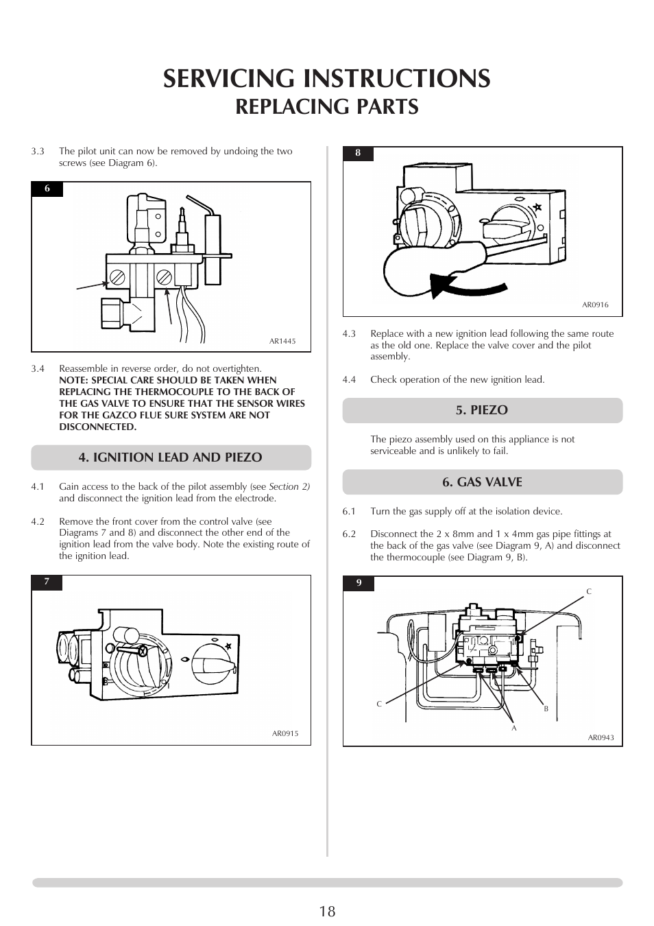 Servicing instructions, Replacing parts, Ignition lead and piezo | Piezo, Gas valve | Yeoman EXE MIDI PR1145 User Manual | Page 18 / 23