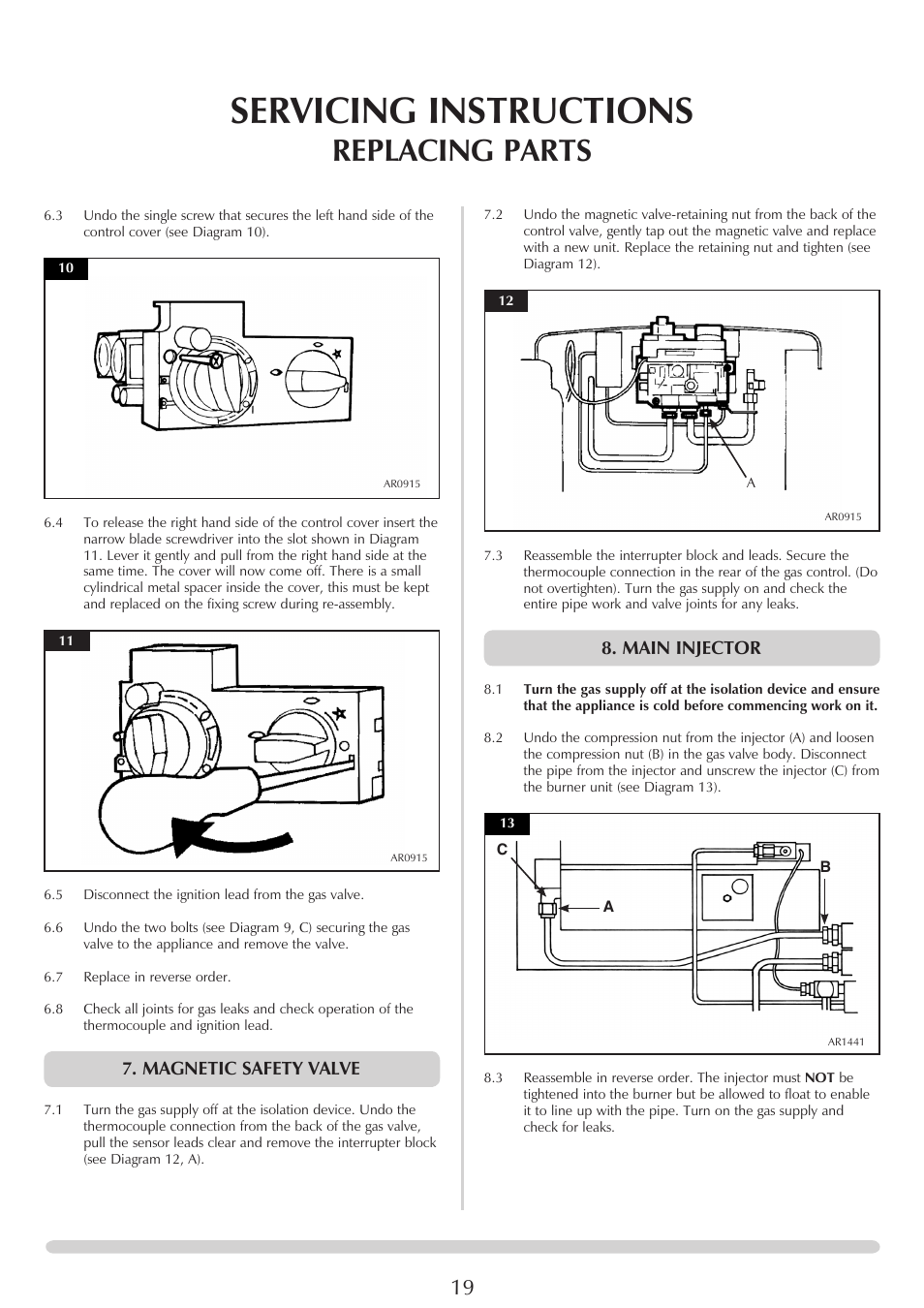 Servicing instructions, Replacing parts, Magnetic safety valve | Main injector | Yeoman EXE MIDI PR1145 User Manual | Page 19 / 23