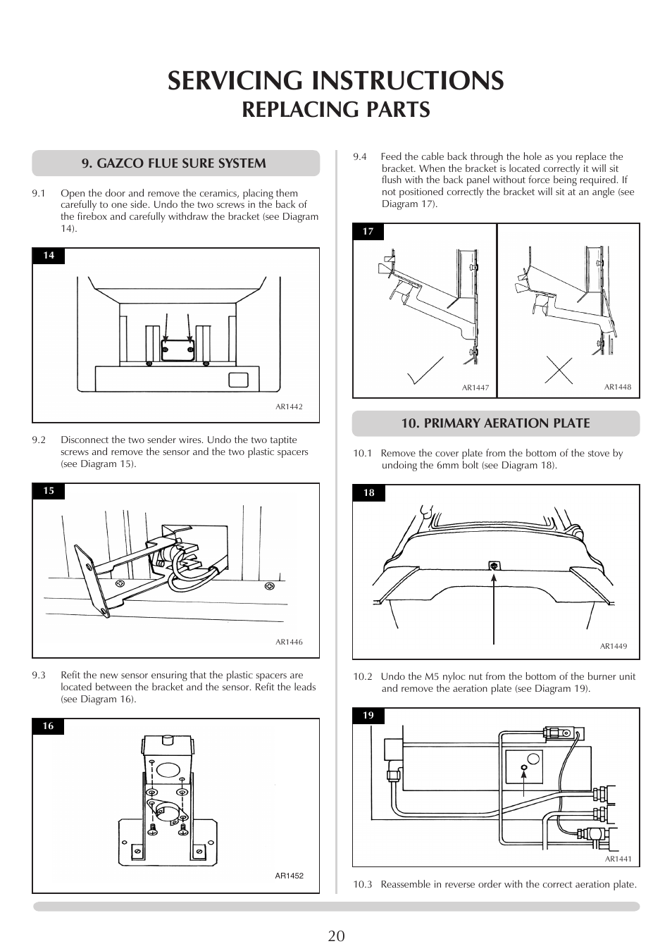 Servicing instructions, Replacing parts, Gazco flue sure system | Primary aeration plate | Yeoman EXE MIDI PR1145 User Manual | Page 20 / 23