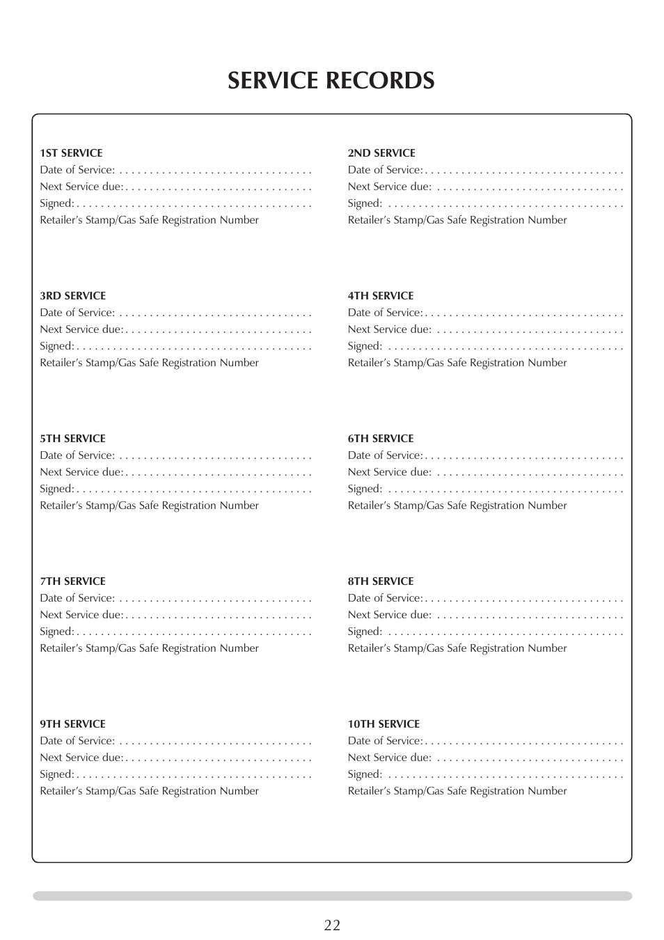 Service records | Yeoman EXE MIDI PR1145 User Manual | Page 22 / 23