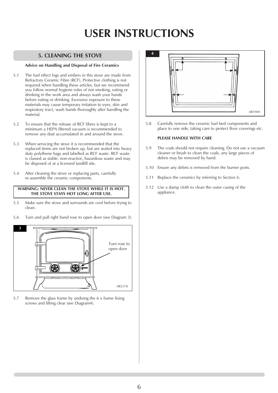 User instructions, Cleaning the stove | Yeoman EXE MIDI PR1145 User Manual | Page 6 / 23