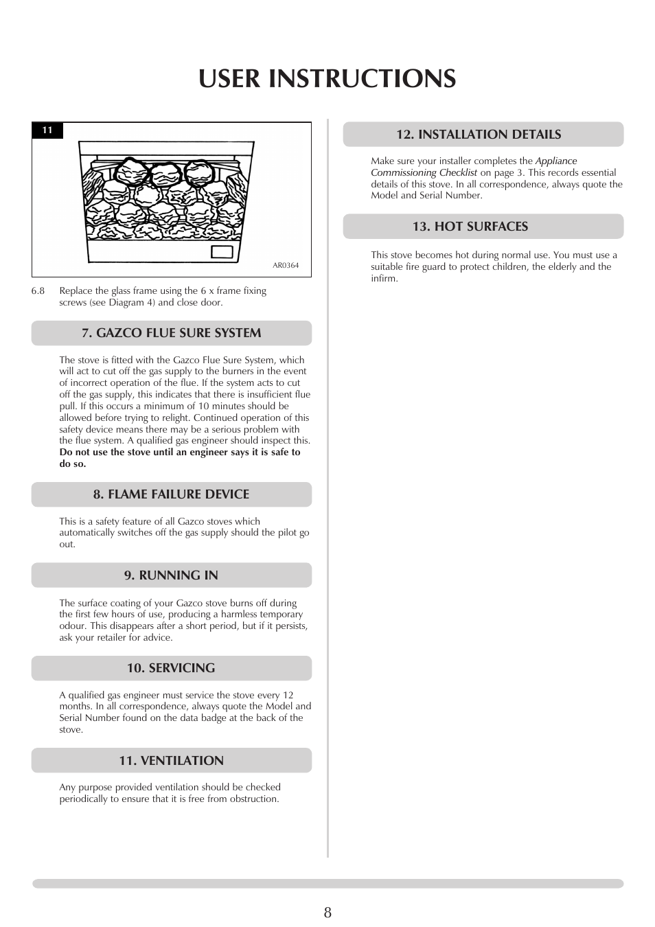 User instructions, Gazco flue sure system, Flame failure device | Running in, Servicing, Ventilation, Installation details, Hot surfaces | Yeoman EXE MIDI PR1145 User Manual | Page 8 / 23