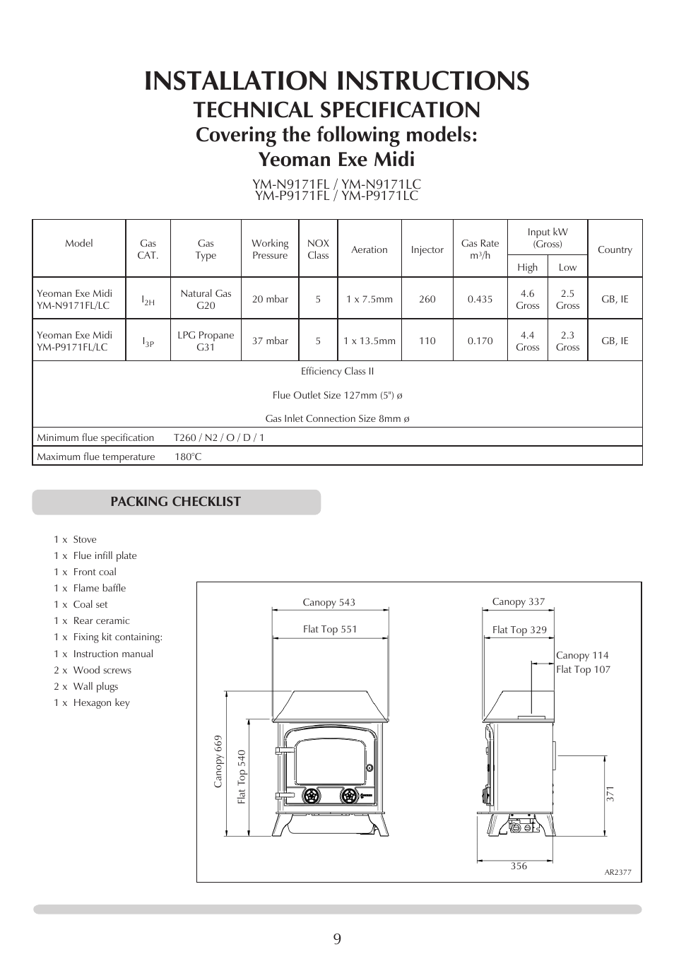 Installation instructions, Technical specification, Covering the following models: yeoman exe midi | Packing checklist | Yeoman EXE MIDI PR1145 User Manual | Page 9 / 23