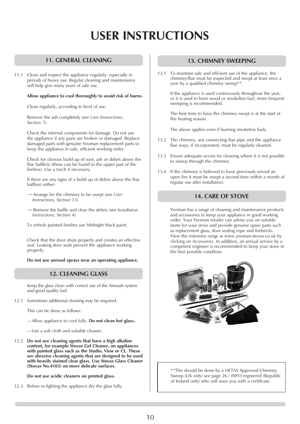 User instructions, Chimney sweeping, Care of stove | General cleaning, Cleaning glass | Yeoman CL MILNER BRICK YMMB User Manual | Page 10 / 32