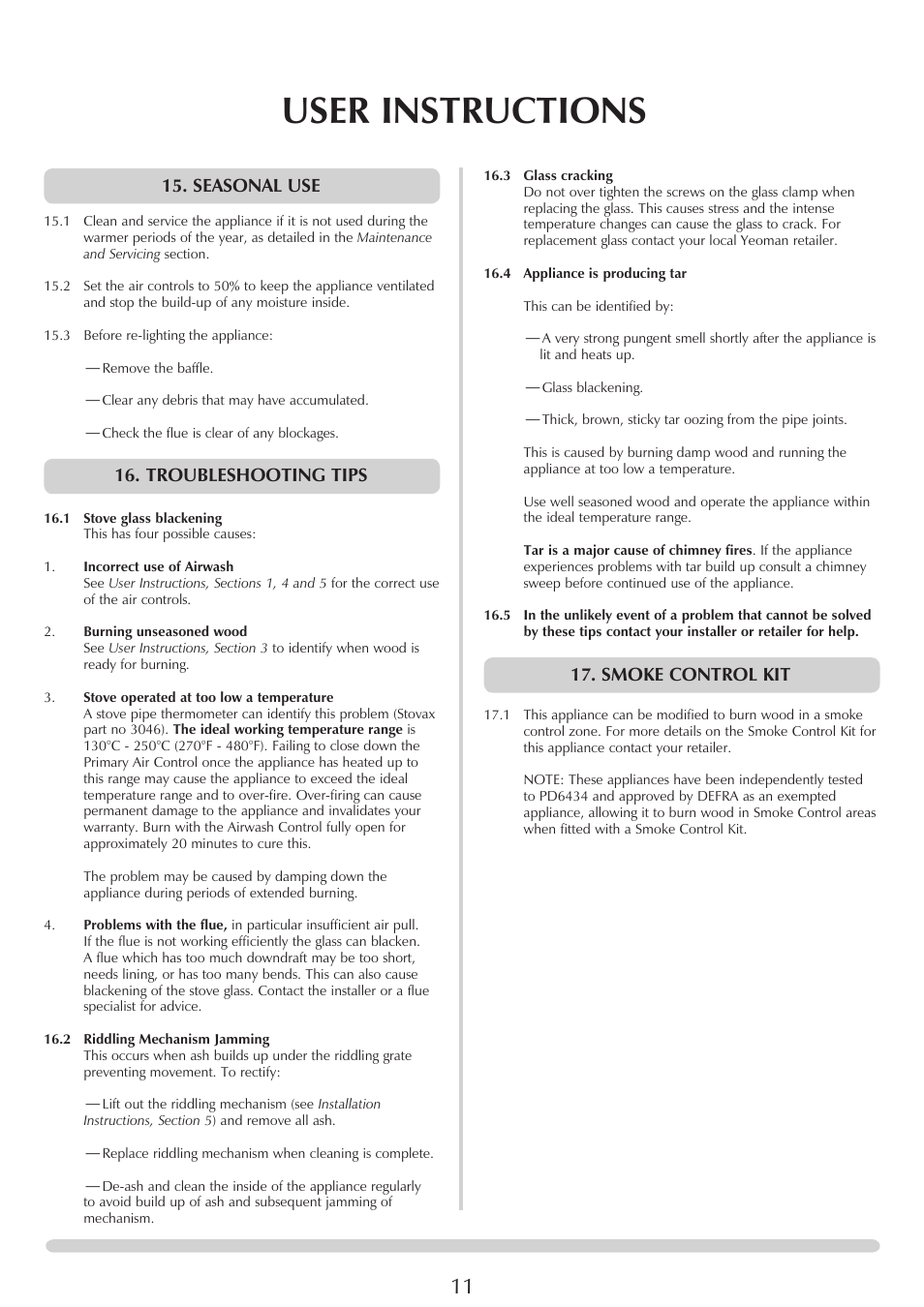 User instructions, Smoke control kit, Seasonal use | Troubleshooting tips | Yeoman CL MILNER BRICK YMMB User Manual | Page 11 / 32