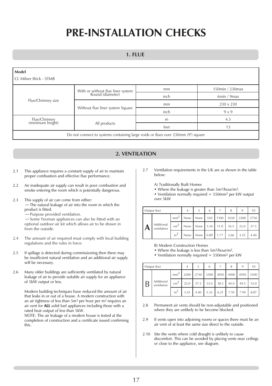 Pre-installation checks, Flue, Ventilation | Yeoman CL MILNER BRICK YMMB User Manual | Page 17 / 32