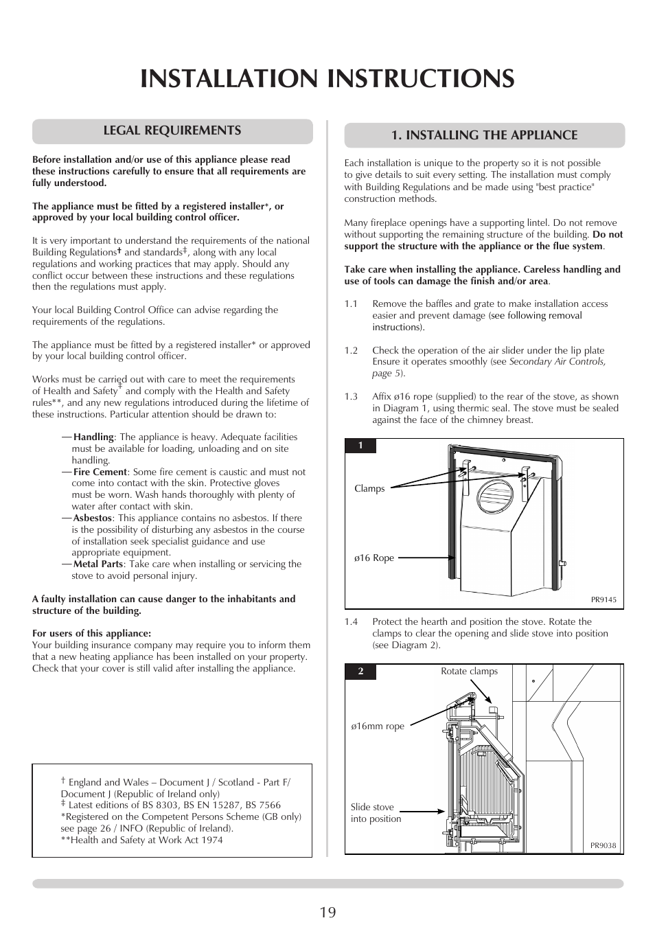 Installation instructions, Legal requirements, Installing the appliance | Yeoman CL MILNER BRICK YMMB User Manual | Page 19 / 32