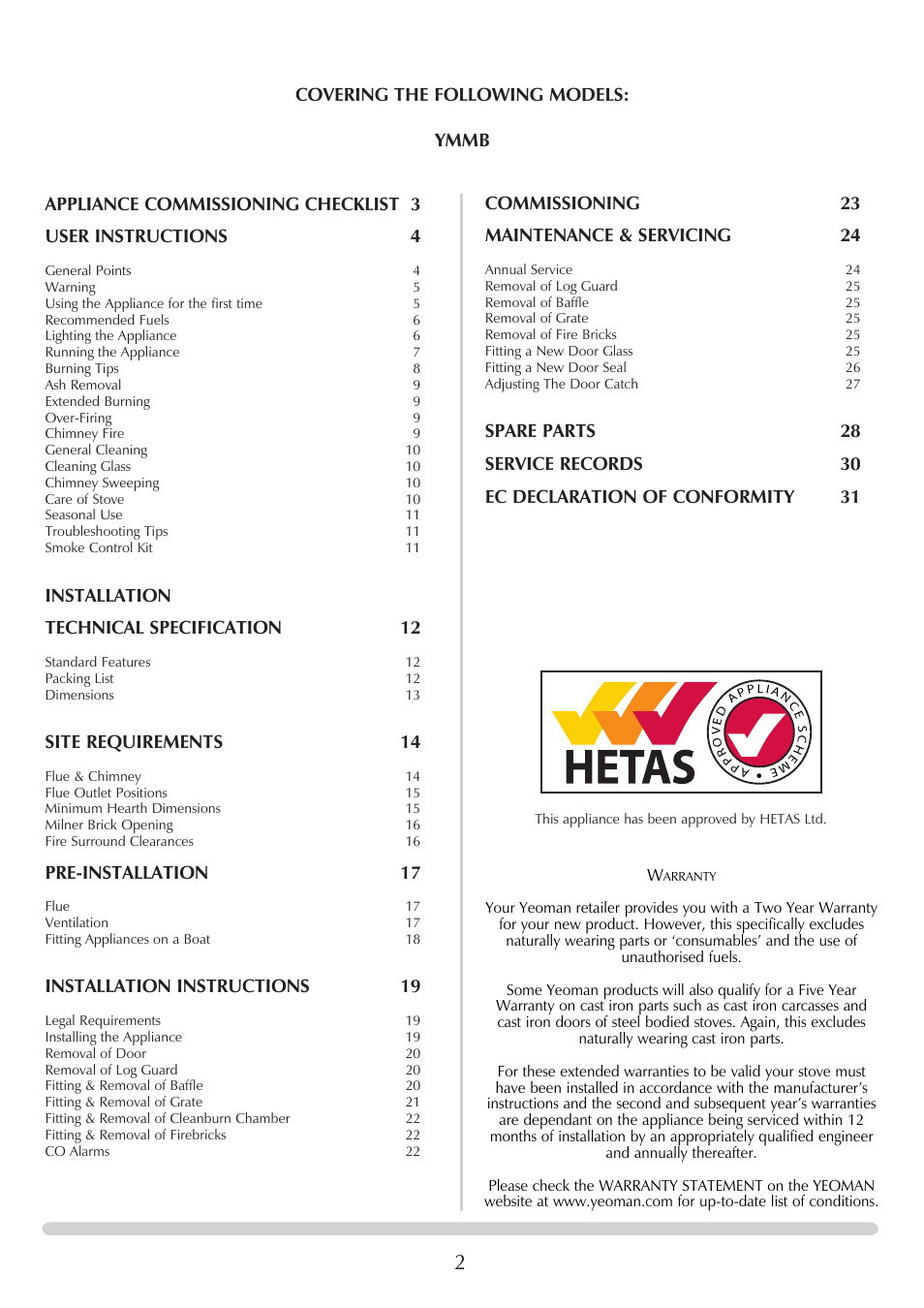 Covering the following models: ymmb, Commissioning 23 maintenance & servicing 24, Installation technical specification 12 | Site requirements 14, Pre-installation 17, Installation instructions | Yeoman CL MILNER BRICK YMMB User Manual | Page 2 / 32