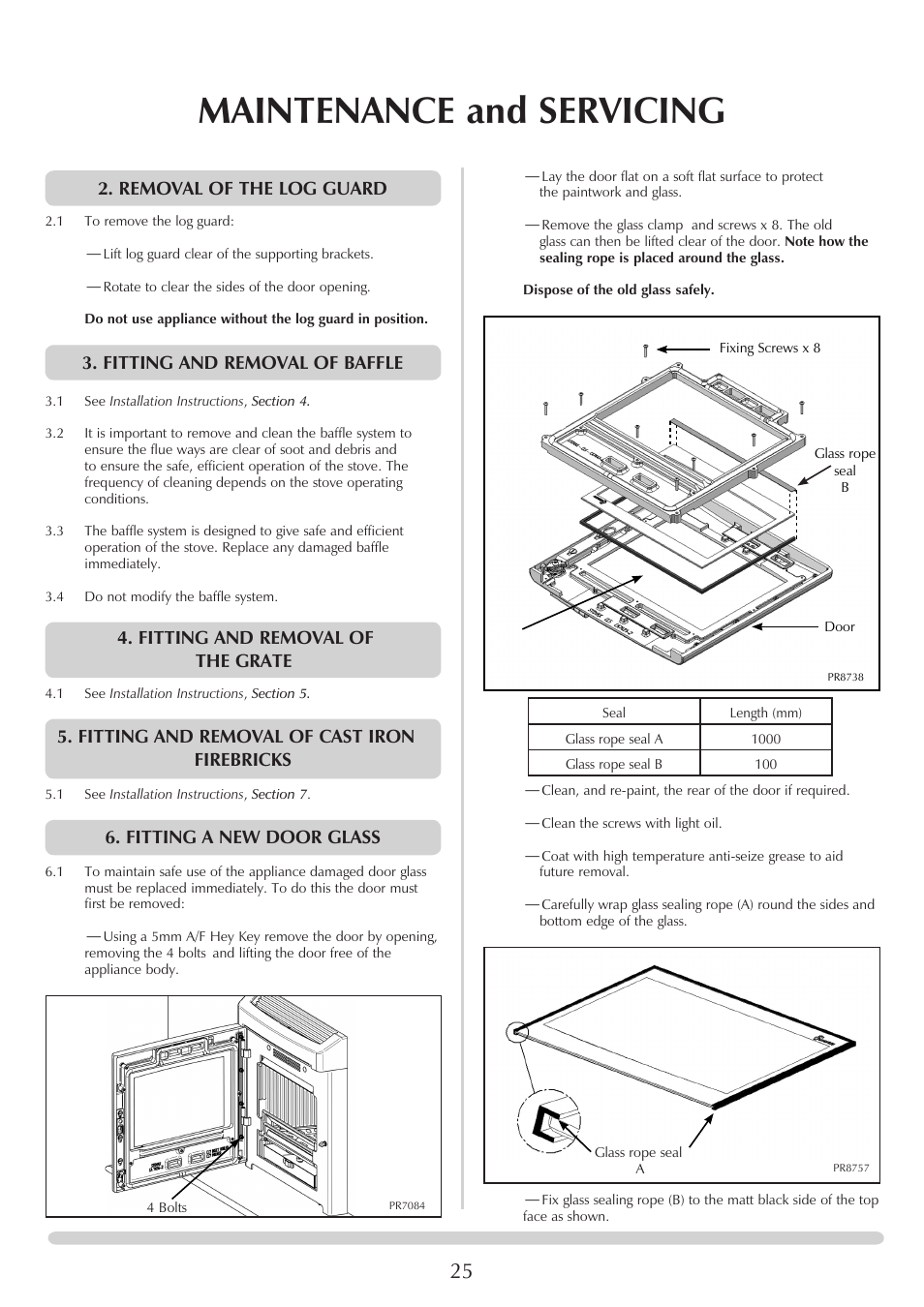 Maintenance and servicing, Removal of the log guard, Fitting and removal of baffle | Fitting and removal of the grate, Fitting and removal of cast iron firebricks, Fitting a new door glass | Yeoman CL MILNER BRICK YMMB User Manual | Page 25 / 32