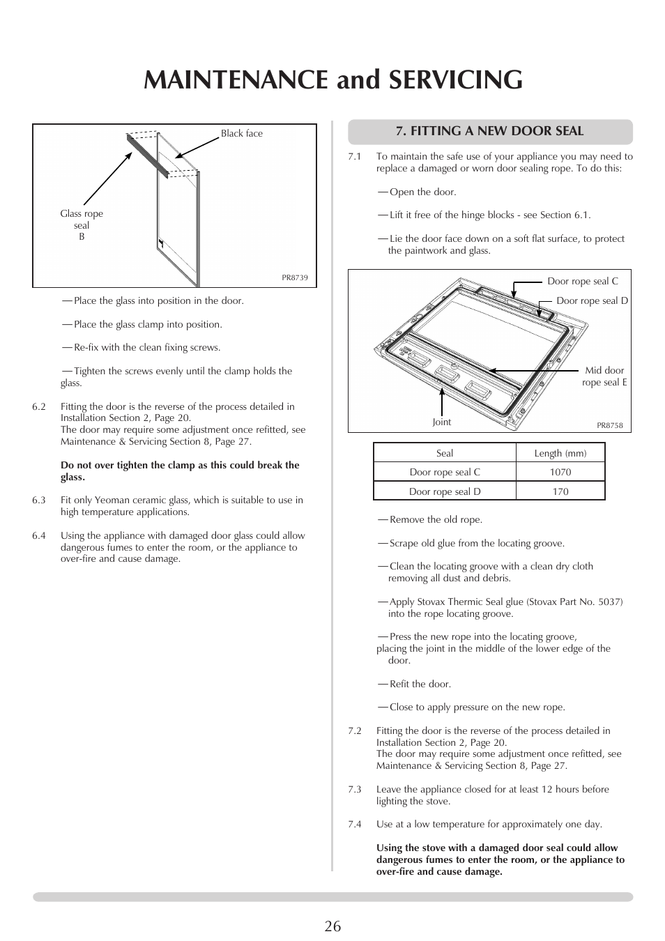 Maintenance and servicing, Fitting a new door seal | Yeoman CL MILNER BRICK YMMB User Manual | Page 26 / 32