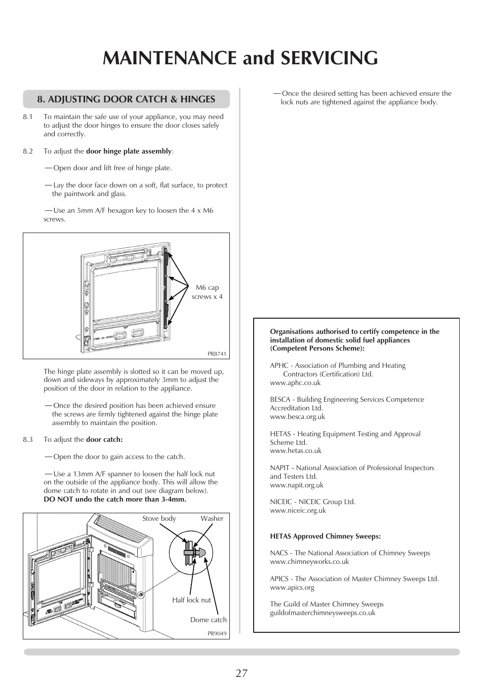 Maintenance and servicing, Adjusting door catch & hinges | Yeoman CL MILNER BRICK YMMB User Manual | Page 27 / 32