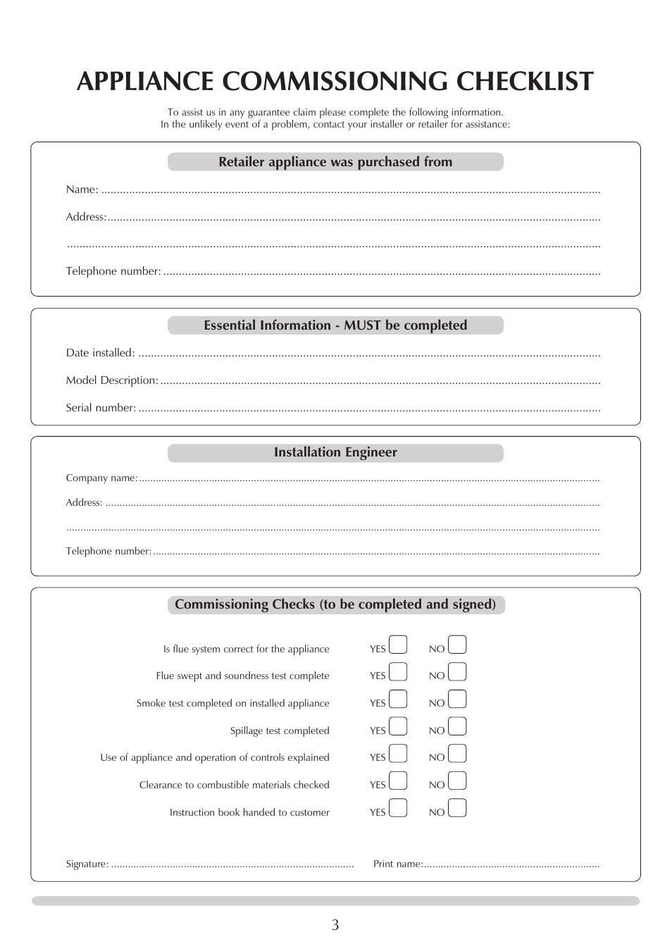 Appliance commissioning checklist, Retailer appliance was purchased from, Essential information - must be completed | Installation engineer, Commissioning checks (to be completed and signed) | Yeoman CL MILNER BRICK YMMB User Manual | Page 3 / 32