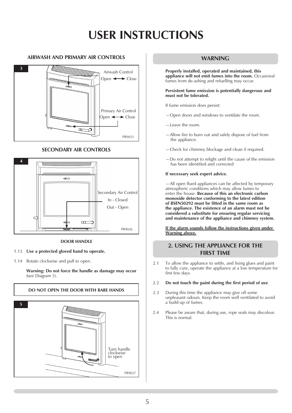 User instructions, Warning, Using the appliance for the first time | Yeoman CL MILNER BRICK YMMB User Manual | Page 5 / 32