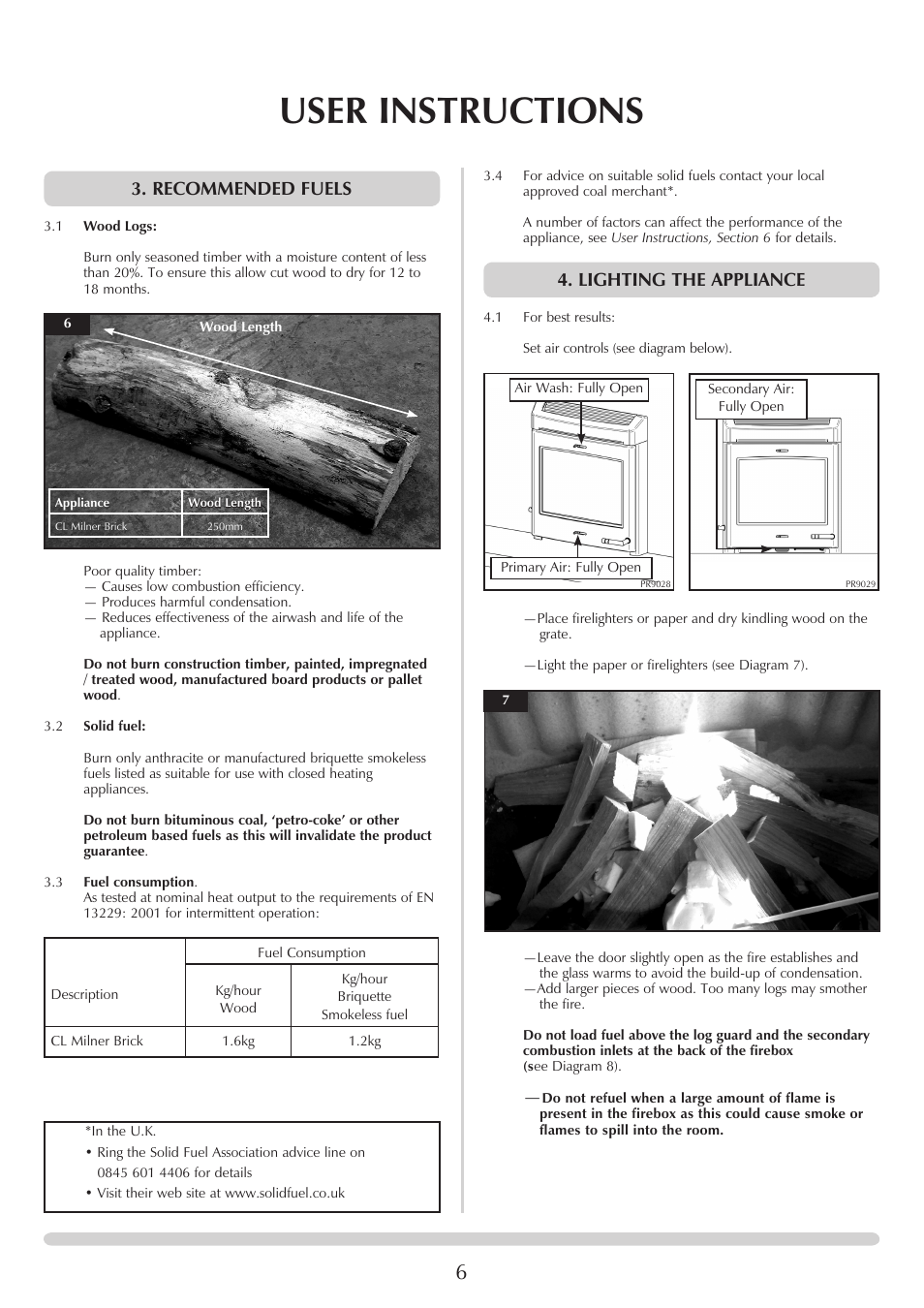 User instructions, Recommended fuels, Lighting the appliance | Yeoman CL MILNER BRICK YMMB User Manual | Page 6 / 32