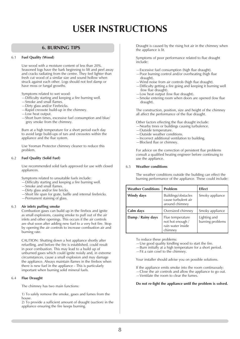 User instructions, Burning tips | Yeoman CL MILNER BRICK YMMB User Manual | Page 8 / 32
