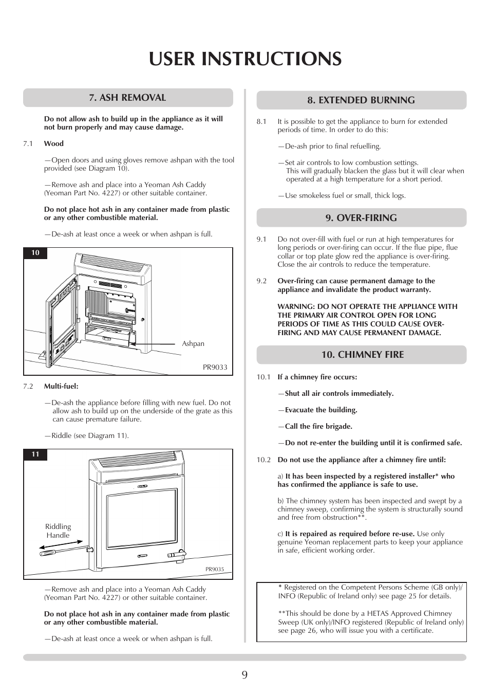 User instructions, Ash removal, Extended burning | Over-firing, Chimney fire | Yeoman CL MILNER BRICK YMMB User Manual | Page 9 / 32