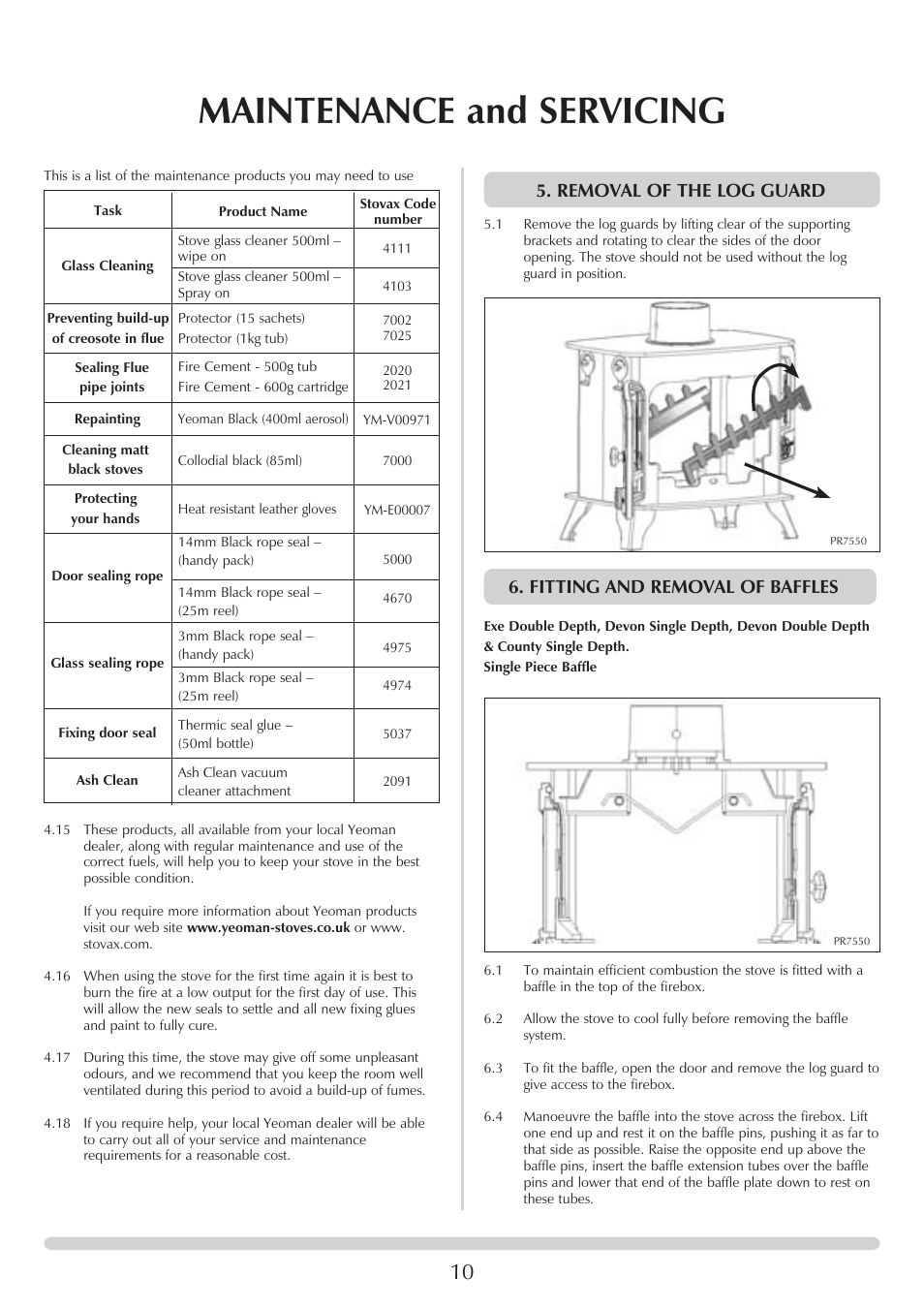 Maintenance and servicing, Removal of the log guard, Fitting and removal of baffles | Yeoman YM-W9122FL User Manual | Page 10 / 20