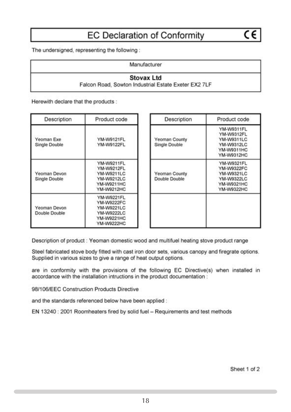 Yeoman YM-W9122FL User Manual | Page 18 / 20