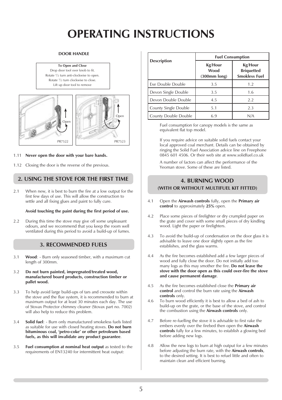 Operating instructions, Using the stove for the first time, Recommended fuels | Burning wood | Yeoman YM-W9122FL User Manual | Page 5 / 20