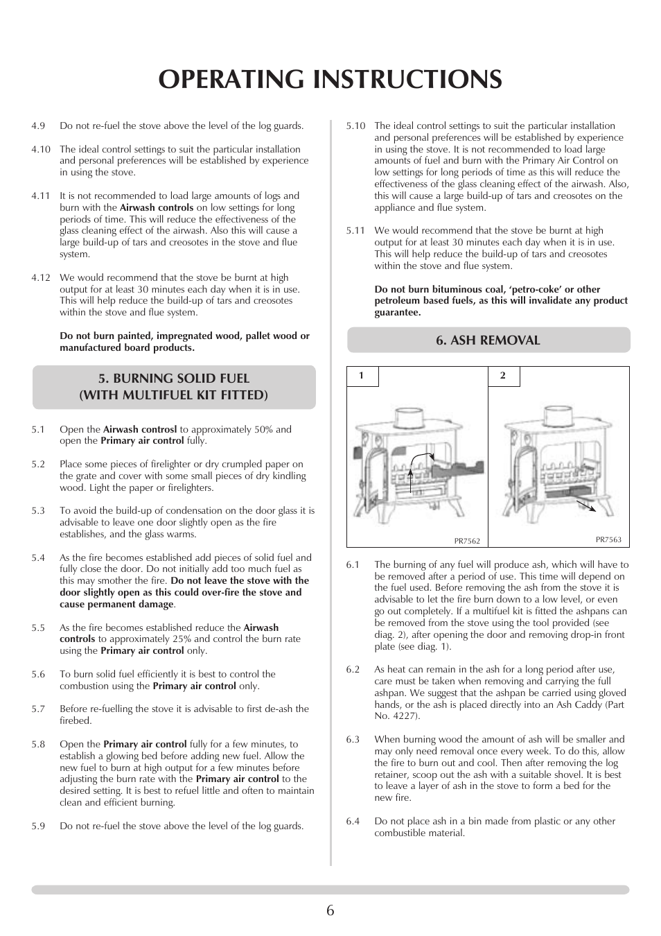 Operating instructions, Burning solid fuel (with multifuel kit fitted), Ash removal | Yeoman YM-W9122FL User Manual | Page 6 / 20