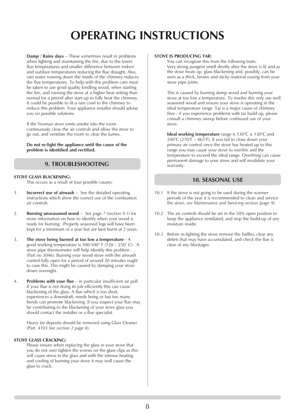 Operating instructions, Troubleshooting, Seasonal use | Yeoman YM-W9122FL User Manual | Page 8 / 20