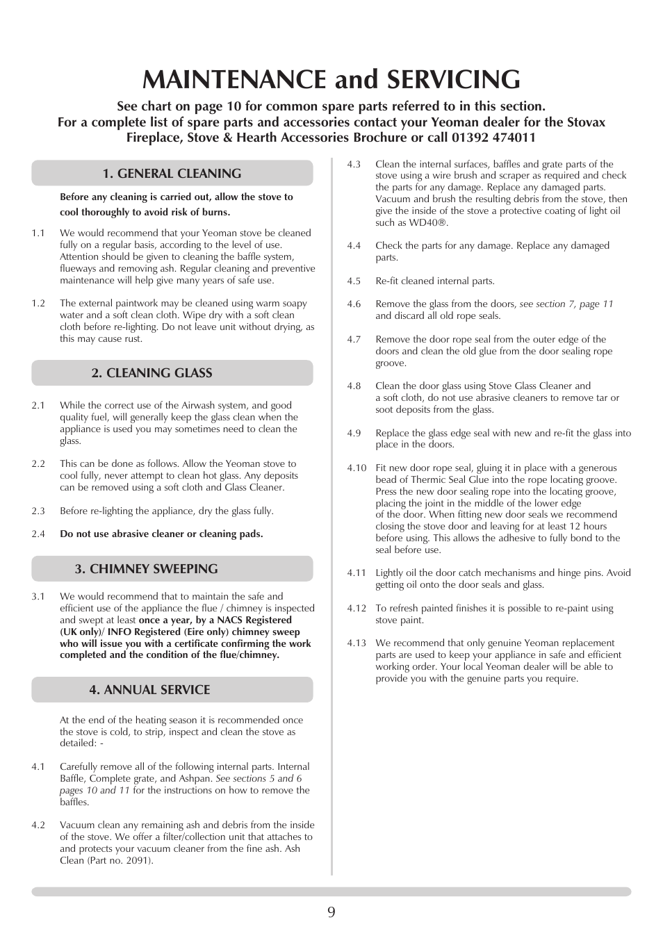 Maintenance and servicing, General cleaning, Cleaning glass | Chimney sweeping, Annual service | Yeoman YM-W9122FL User Manual | Page 9 / 20