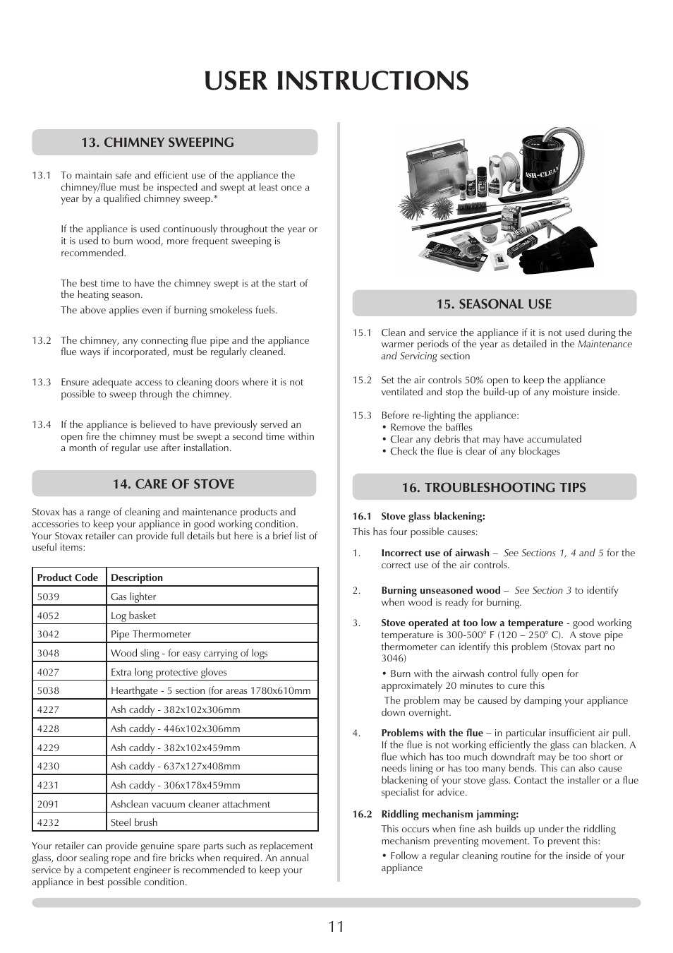 User instructions, Chimney sweeping, Care of stove | Seasonal use, Troubleshooting tips | Yeoman EXMOOR YM-W9001FL User Manual | Page 11 / 35